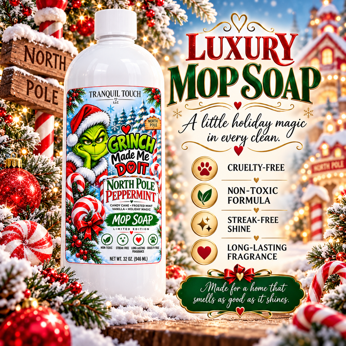 Tranquil Touch Grinch Christmas Mop Soap β Holiday Scented Floor Cleaner, 32 oz ππ
