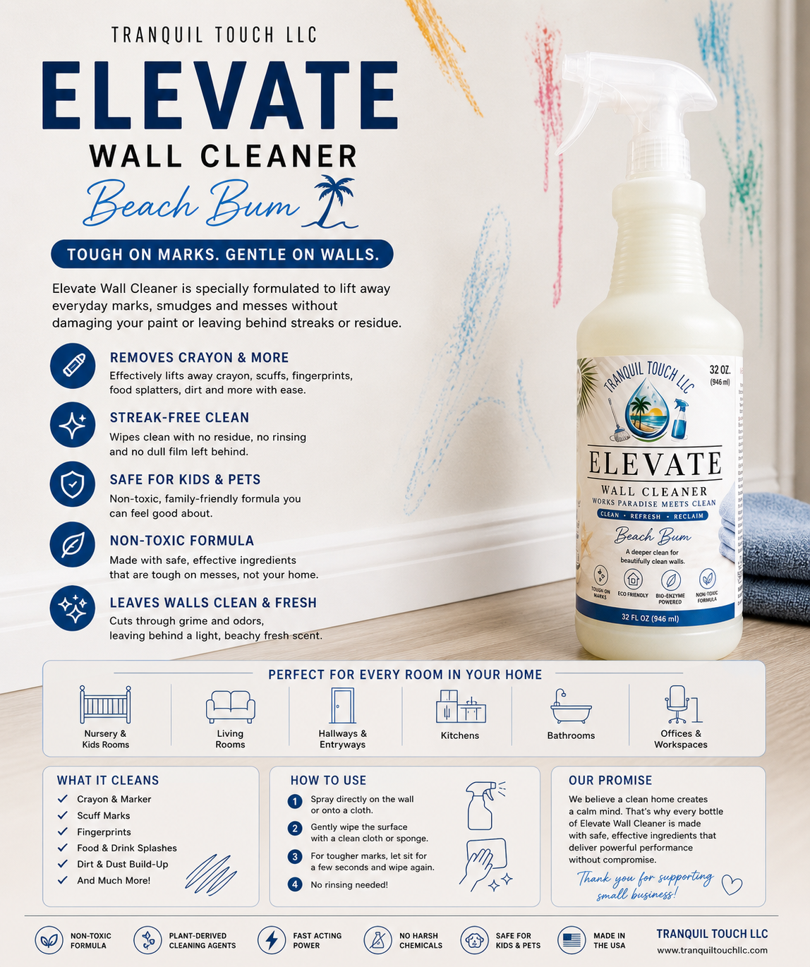 Elevate Wall Cleaner Spray – Streak-Free, Safe for Kids & Pets | 32 oz by Tranquil Touch 🧼