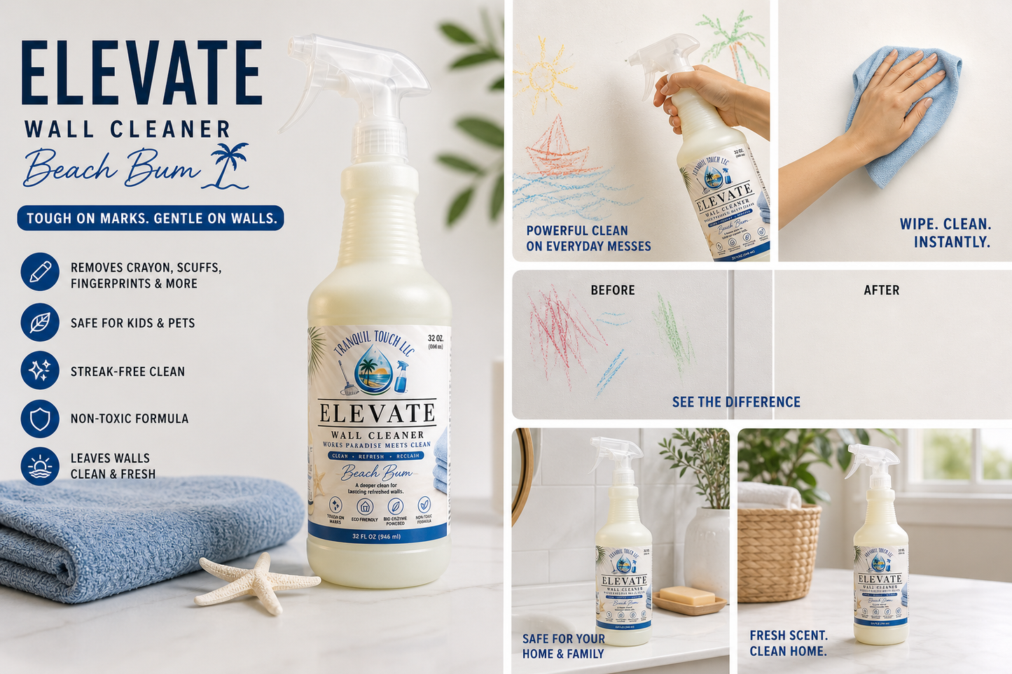 Elevate Wall Cleaner Spray – Streak-Free, Safe for Kids & Pets | 32 oz by Tranquil Touch 🧼
