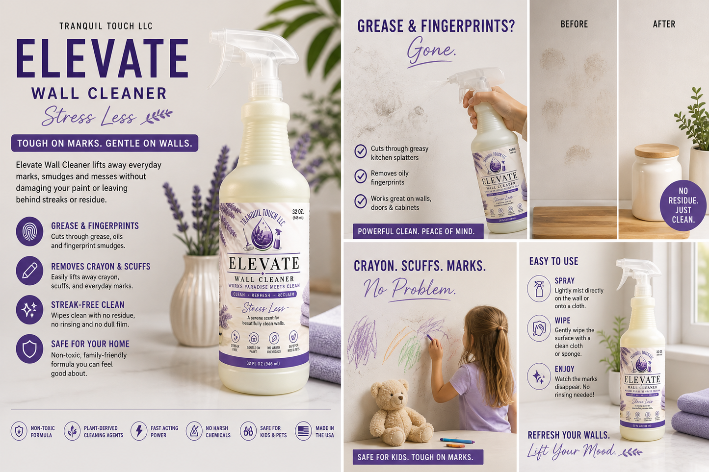 Elevate Wall Cleaner Spray – Streak-Free, Safe for Kids & Pets | 32 oz by Tranquil Touch 🧼
