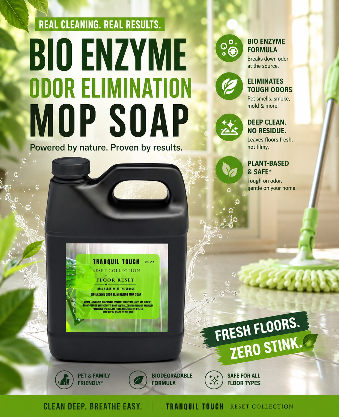 Floor Reset Bio Enzyme Odor Eliminating Mop Soap | Pet Odor Neutralizer | Deep Cleaning Concentrate | Safe for Sealed Hard Floors | 32 oz